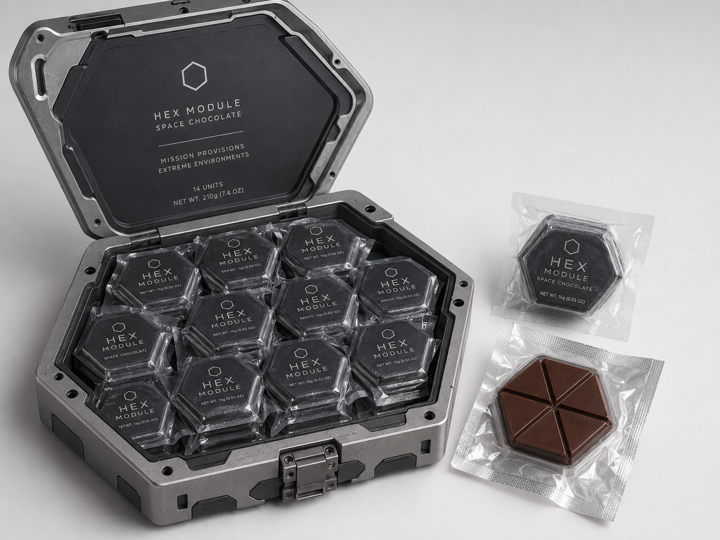 Machined aluminum hex carry case with 22 individually sealed Hex Module space chocolate units